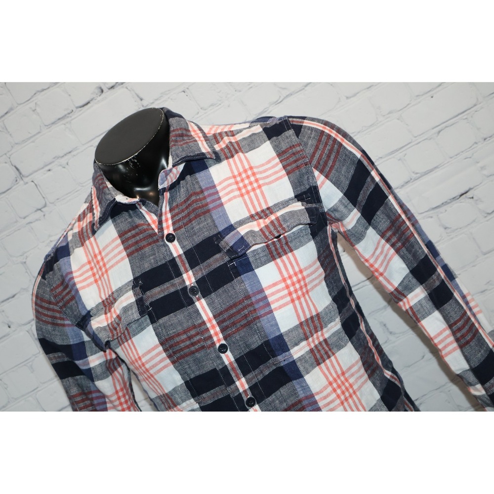 American Eagle Flannel Shirt Mens Small Blue Red White Plaid Long Sleeve Button